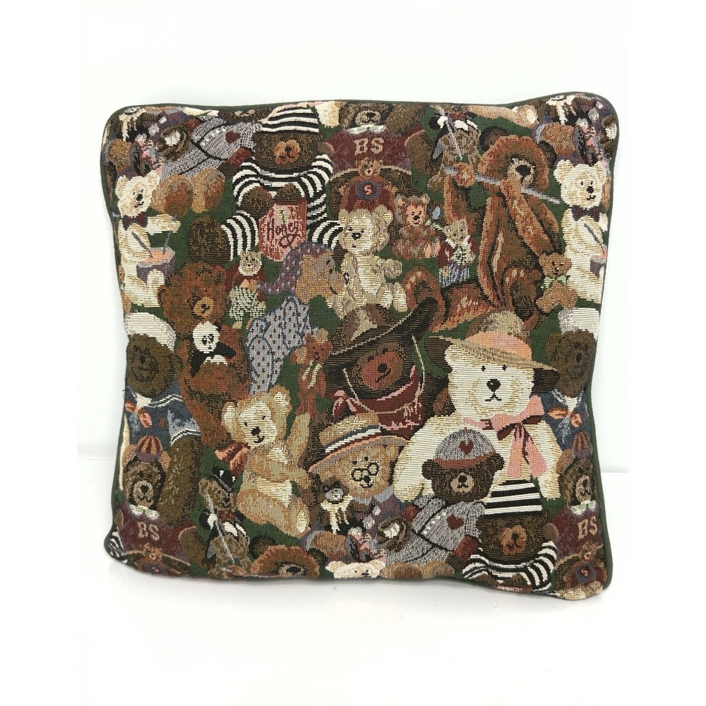Vintage Teddy Bear All Dressed Up Needlepoint 15X16" Square Pillow Green Clean